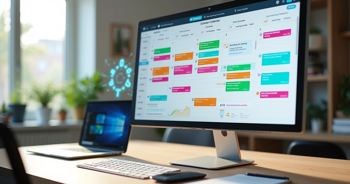 Tela de computador exibindo calendário editorial digital automatizado para blog 