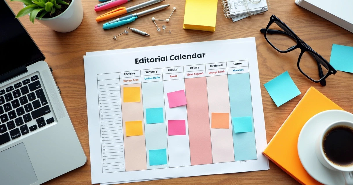 Calendário editorial colorido ao lado de notebook com anotações 