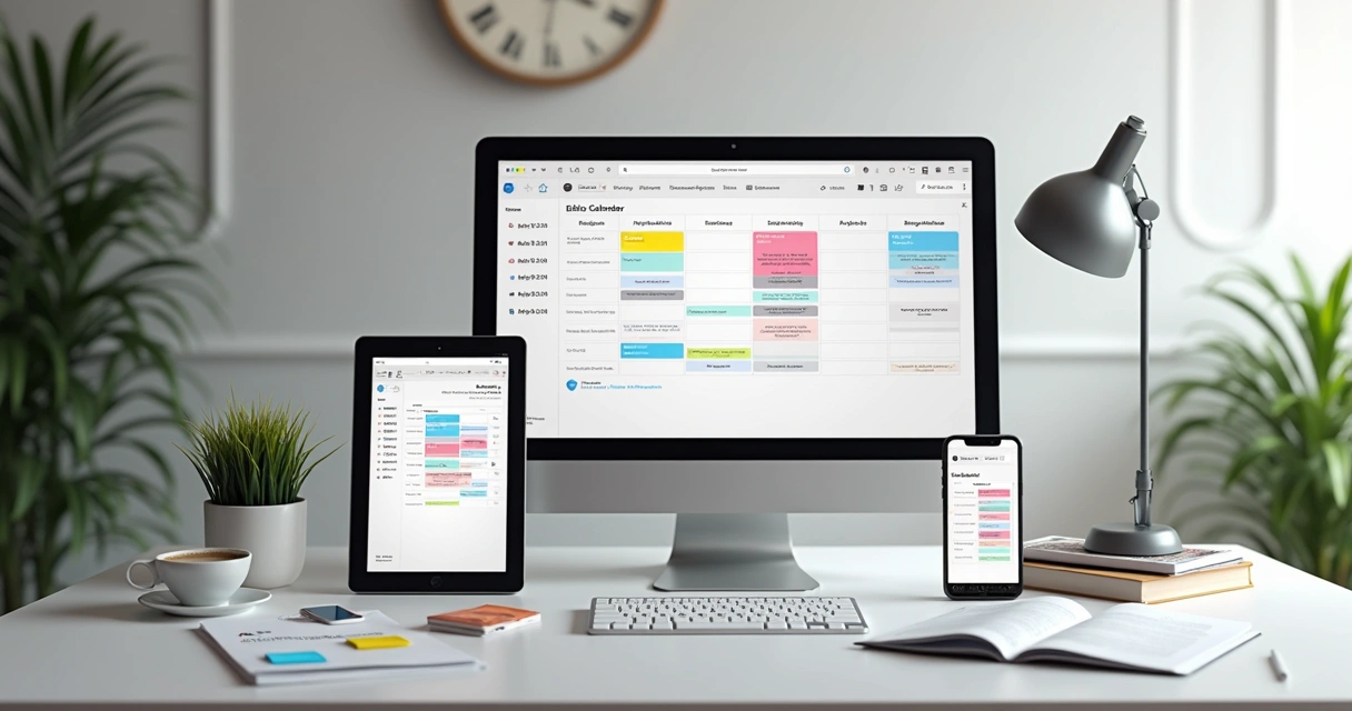 Calendário editorial digital exibido em tela de computador e dispositivos móveis 