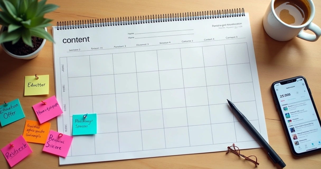 Calendário editorial com post-its coloridos e metas semanais