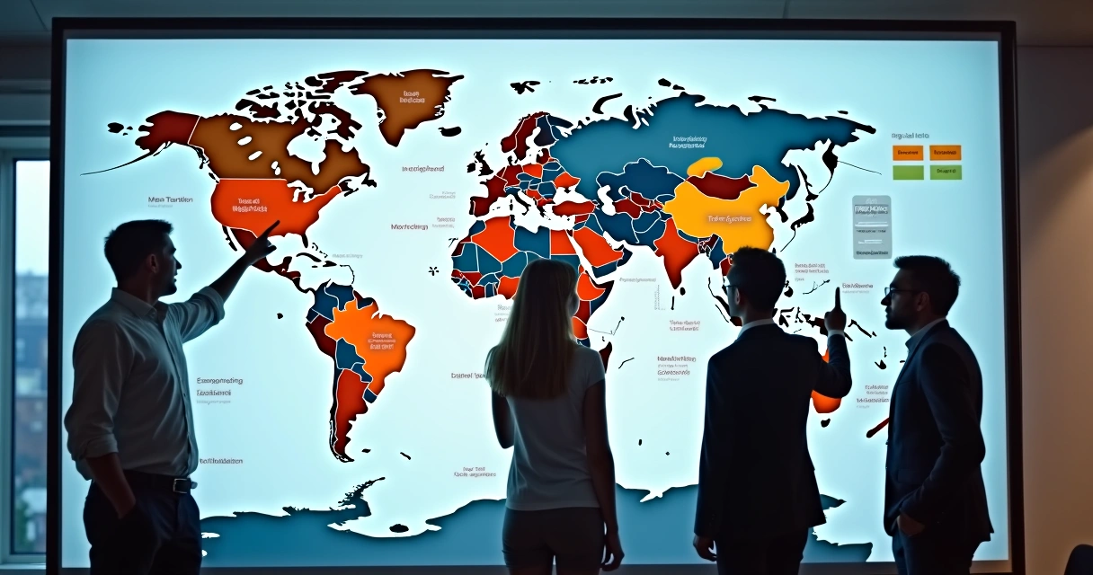 Profissionais planejando conteúdos internacionais em quadro digital 