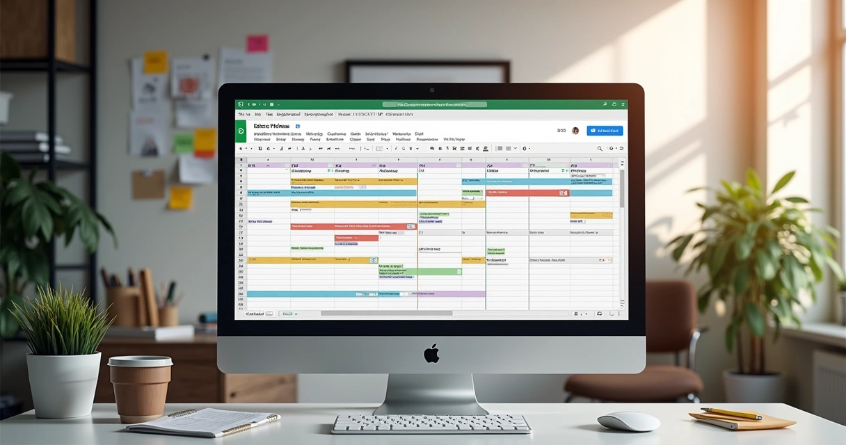 Tela de computador mostrando calendário editorial colorido e agendamento de posts 