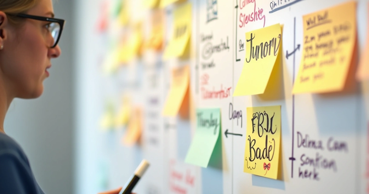 Quadro branco com calendário editorial, post-its coloridos e anotações para redes sociais
