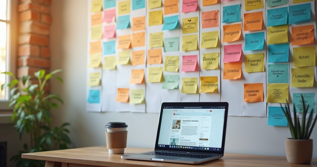 Calendário editorial com post-its coloridos e perguntas sobre odontologia em um mural 