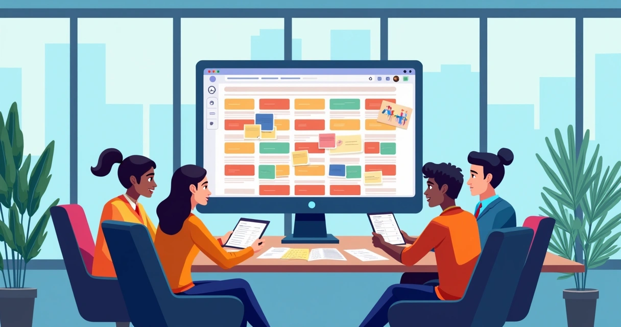 Calendário editorial em tela de computador com equipe reunida planejando postagens 