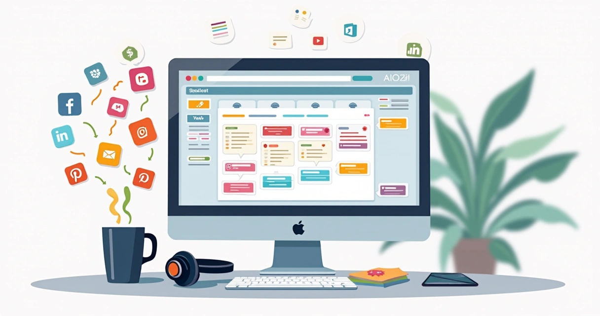Calendário editorial digital ilustrado em tela de computador com redes sociais ao redor