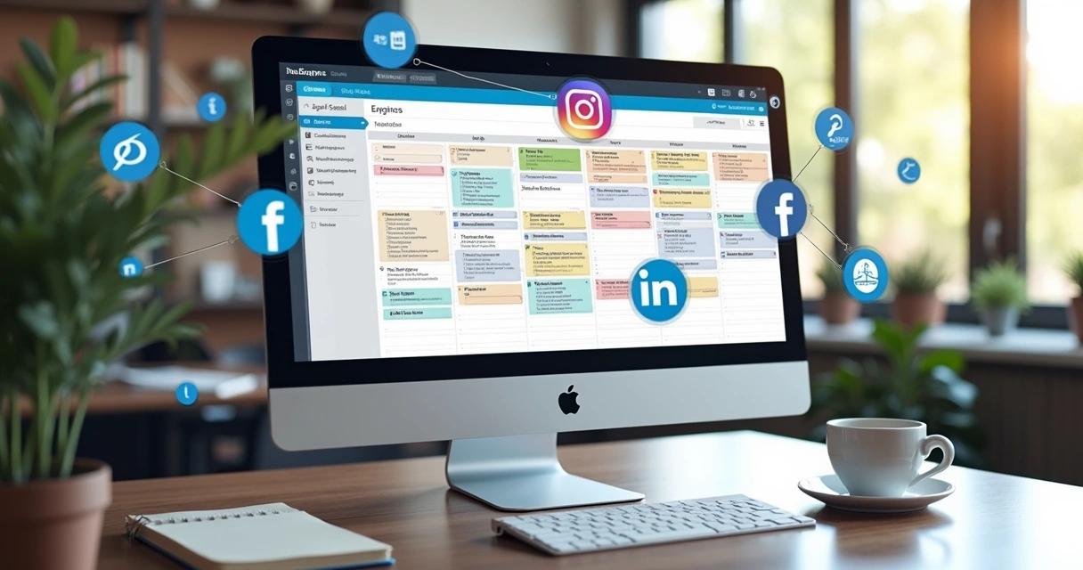 Plano editorial para redes sociais com calendário digital mostrando posts organizados e ícones de redes sociais ao redor 