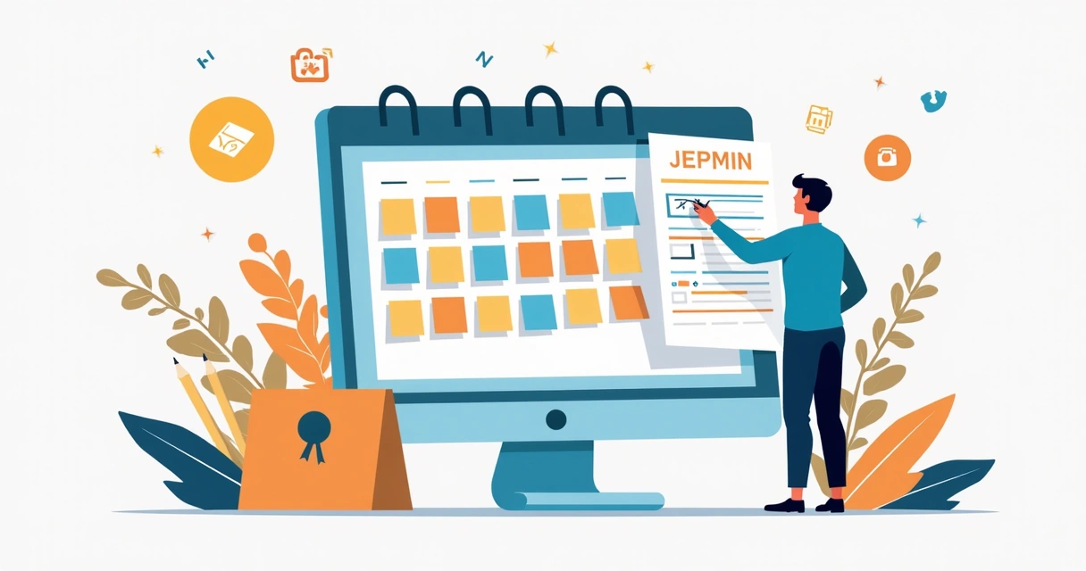 Calendário editorial colorido com post-its e símbolos de redes sociais