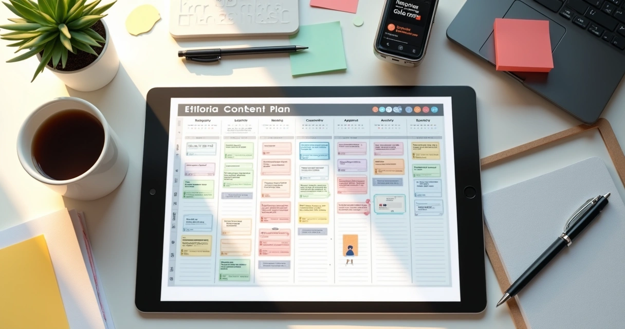 Calendário editorial com posts coloridos e status de publicação