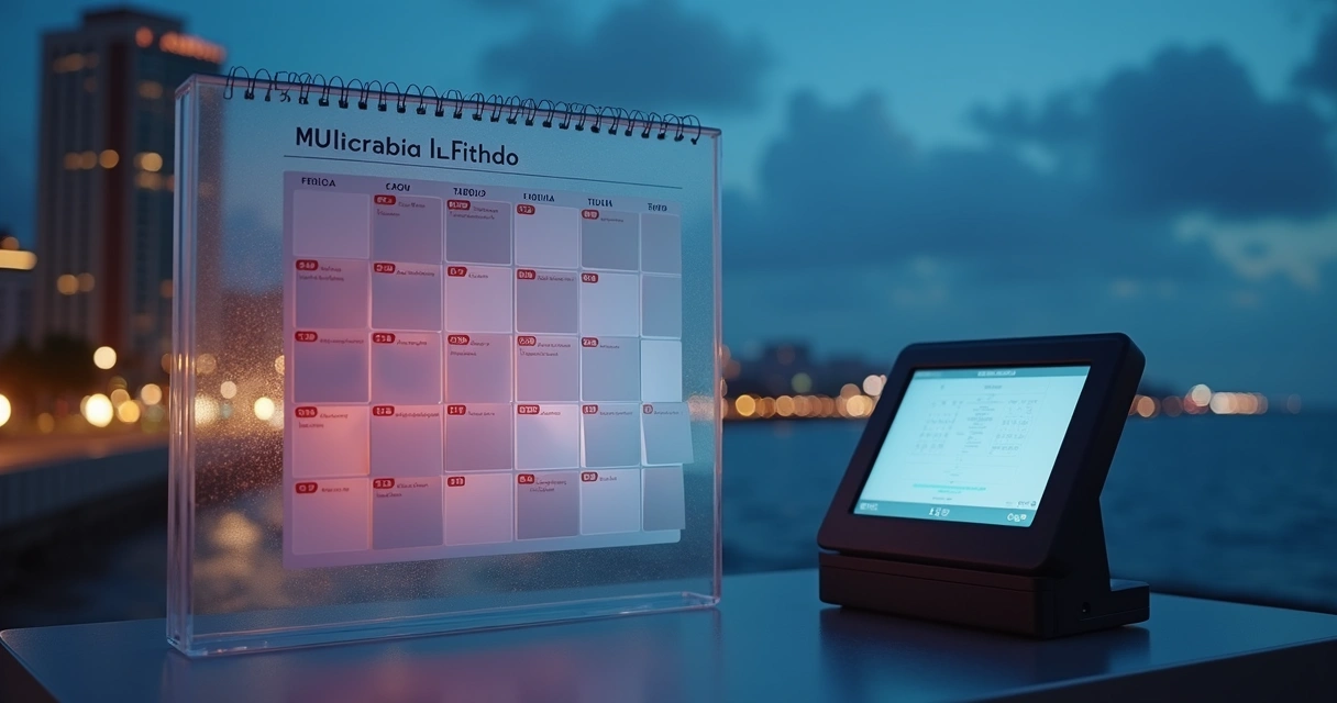 Calendário eleitoral e urna em montagem noturna sobre paisagem urbana 