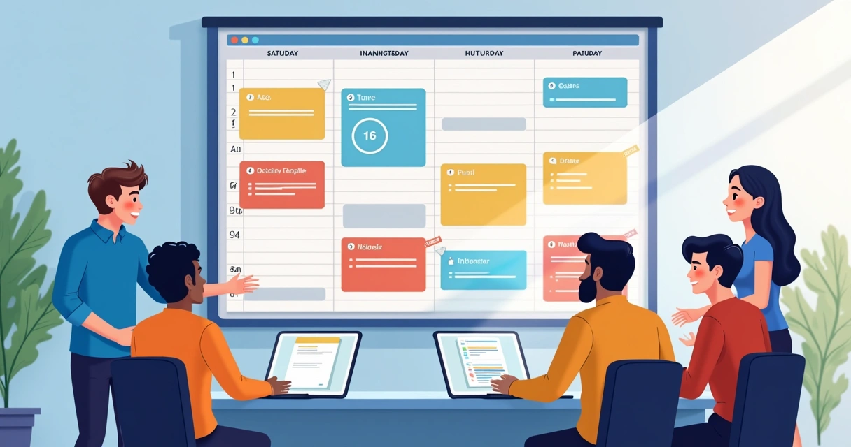 Equipe analisando calendário digital de tarefas em tela grande 