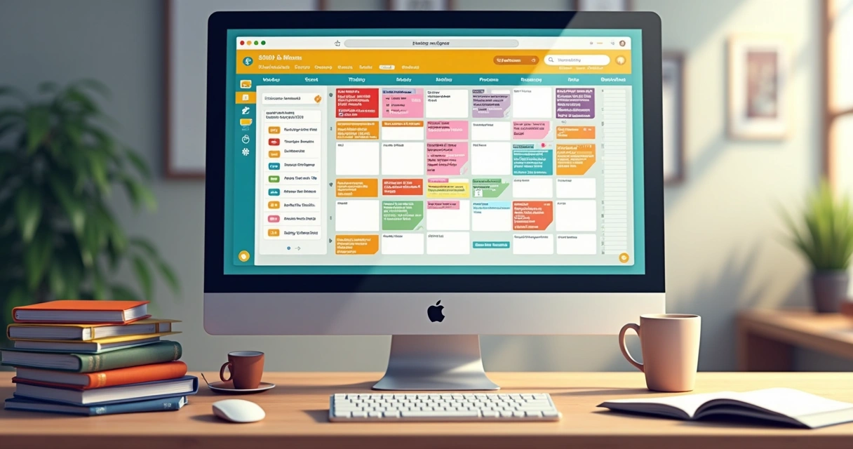 Calendário escolar digital em tela de computador com destaque colorido. 