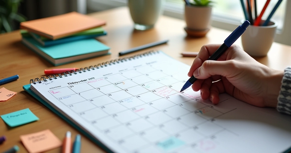 Calendário aberto com caneta e materiais escolares em escrivaninha