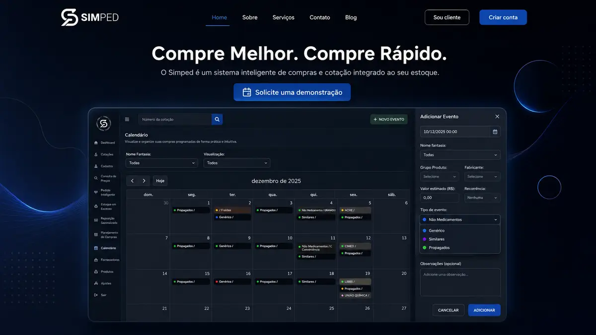 Interface do sistema Simped mostrando calendário de eventos de compras para farmácias