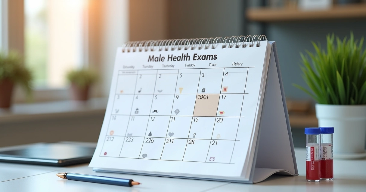 Calendário com datas para exames masculinos, caneta e exames de sangue ao lado 
