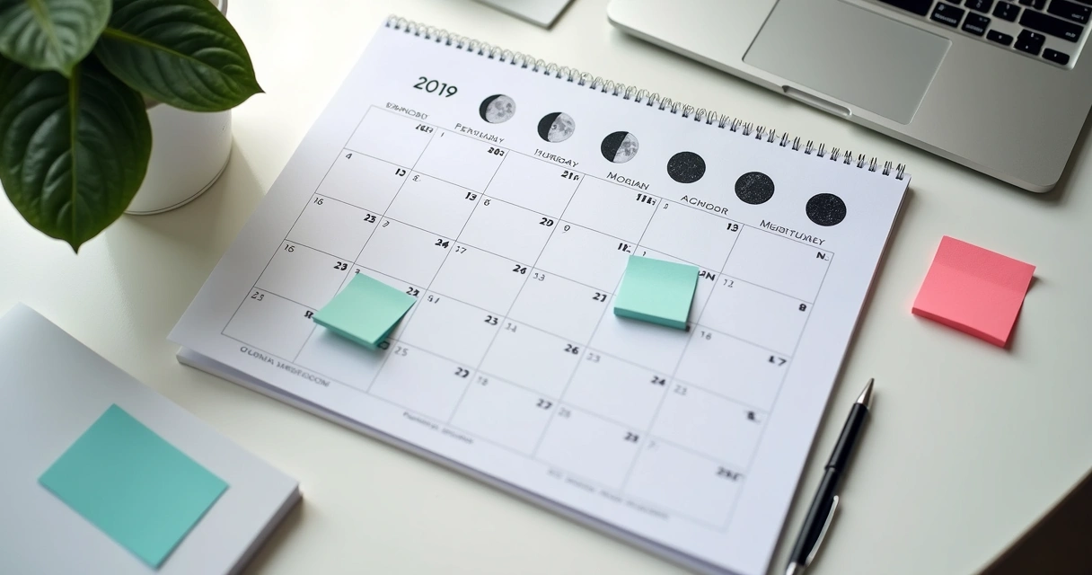 Calendário mensal com fases da lua marcado em mesa de trabalho 