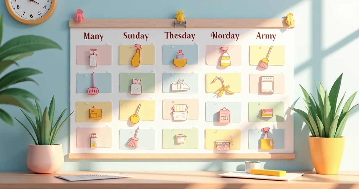 Quadro com calendário semanal de faxina, ícones de limpeza em cada dia 