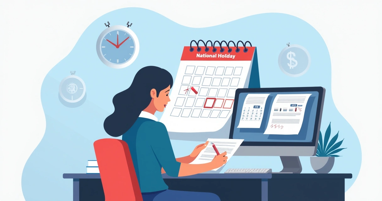 Mujer marcando un feriado en un calendario de oficina 