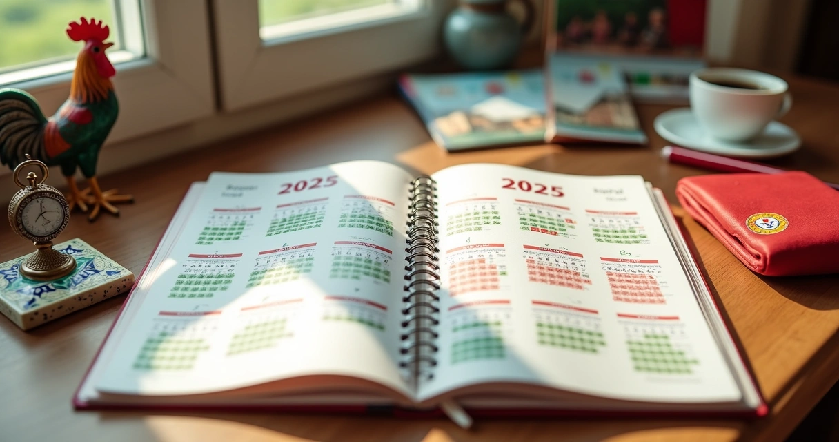 Calendário ilustrado com feriados nacionais portugueses de 2025 destacando datas e símbolos culturais 