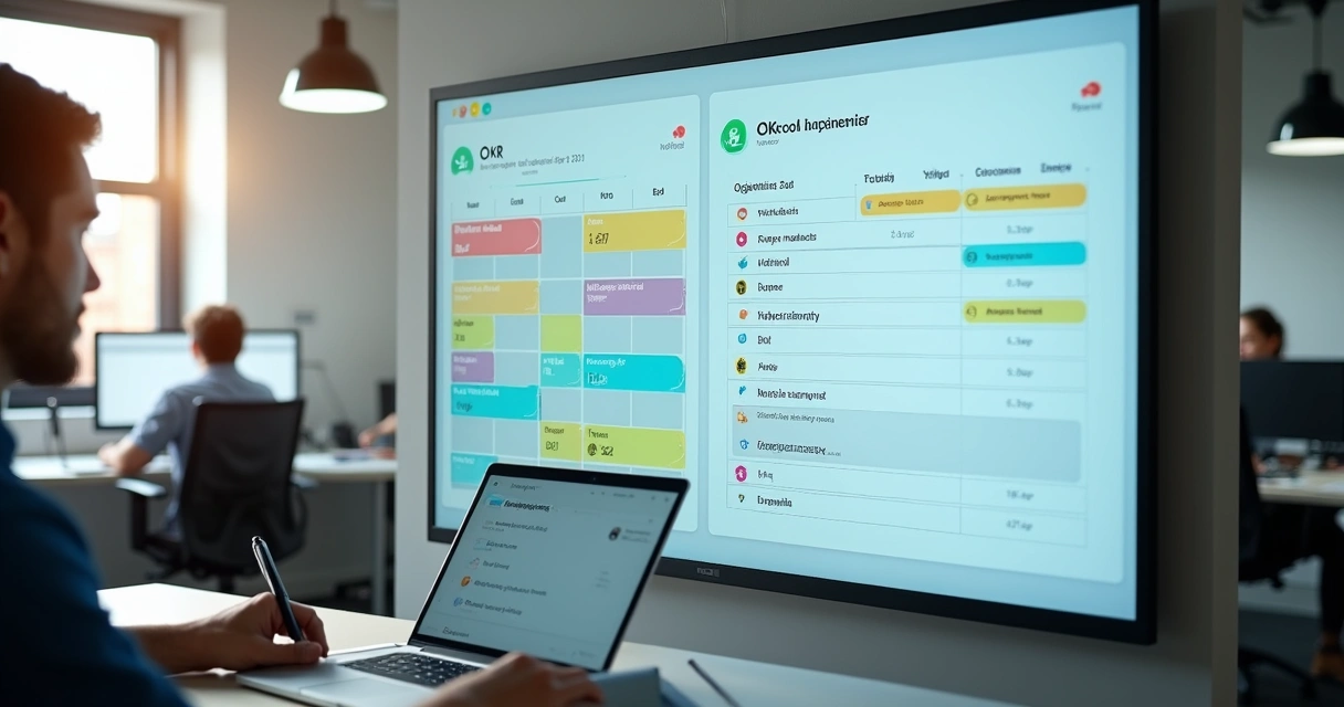 Calendário de equipe com férias e metas organizadas em escritório de pequena empresa 