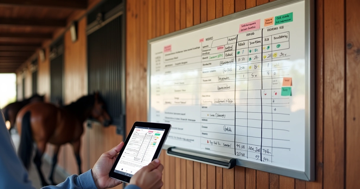 Calendário visual para troca de ferraduras de cavalo, com datas e observações