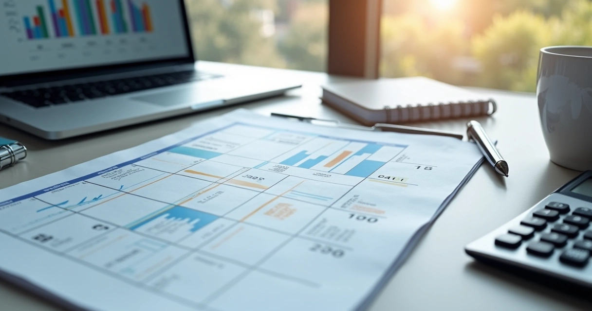 Calendário financeiro com relatórios e laptop na mesa 