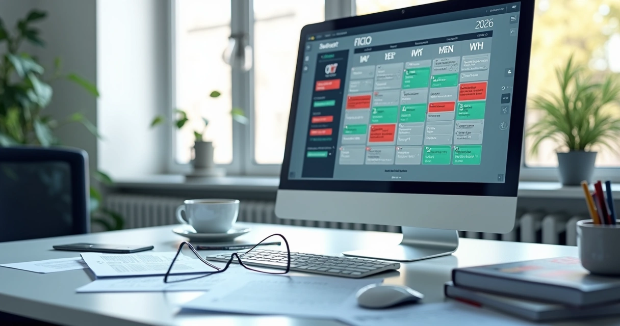 Calendário fiscal de 2026 na mesa de escritório 