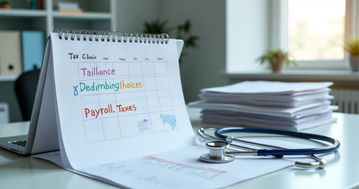 Calendário fiscal e documentos de clínica médica na mesa