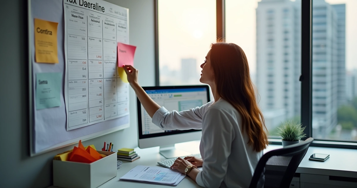 Pessoa organizando calendário fiscal em escritório moderno