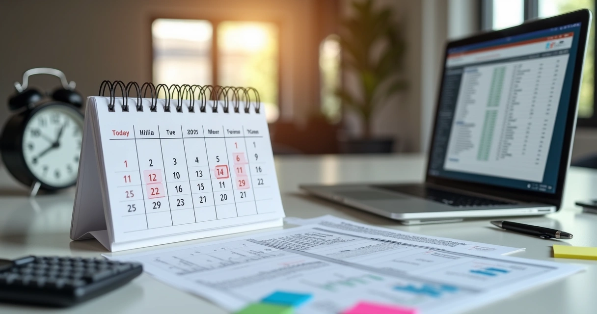 Calendário fiscal e documentos sobre mesa de escritório 
