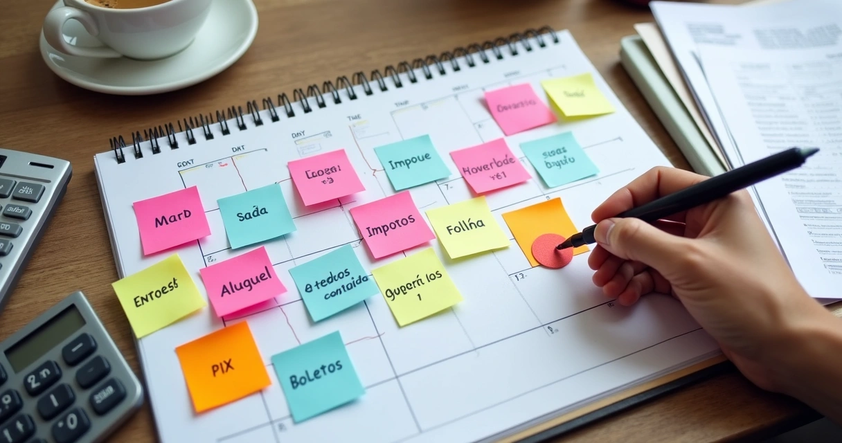 Calendário com fluxo de caixa e notas coloridas 