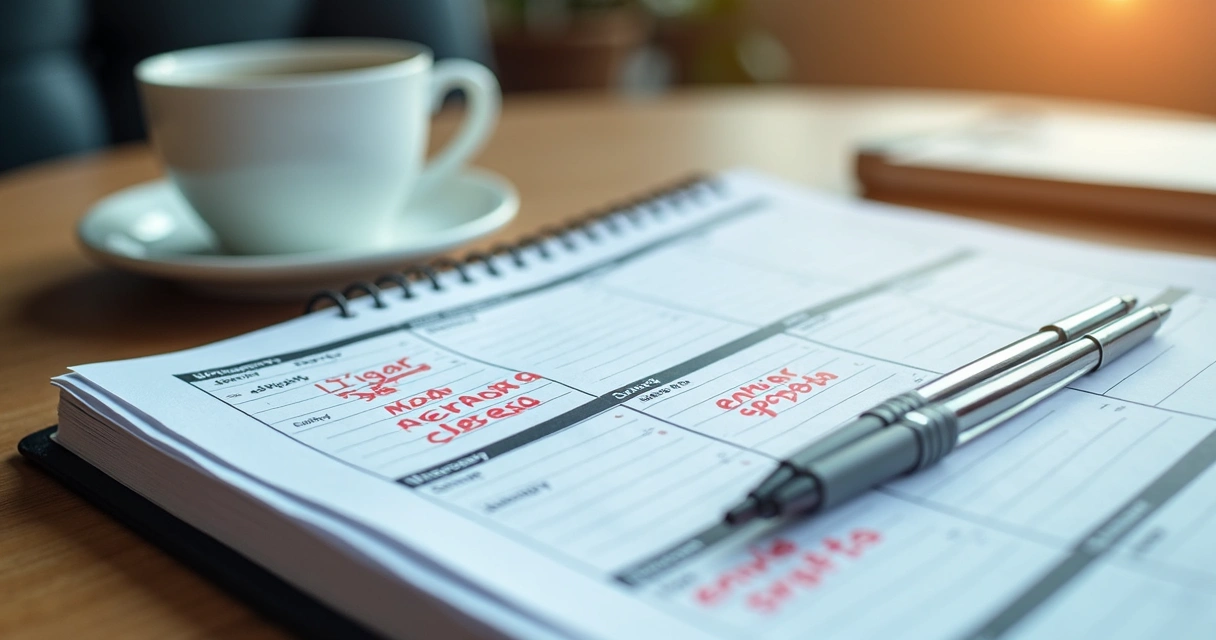 Agenda aberta com datas marcadas e notas de acompanhamento em um escritório iluminado por luz natural.