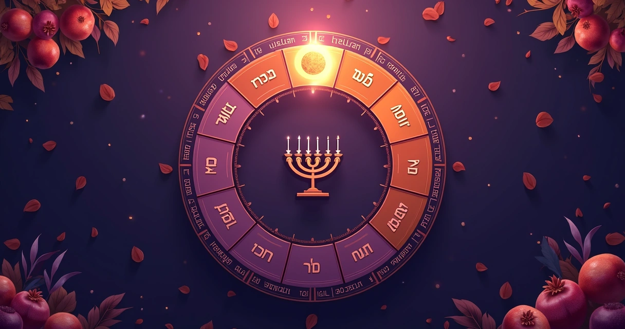 Calendário hebraico com os meses em laranja e roxo, fundo com símbolos judaicos 