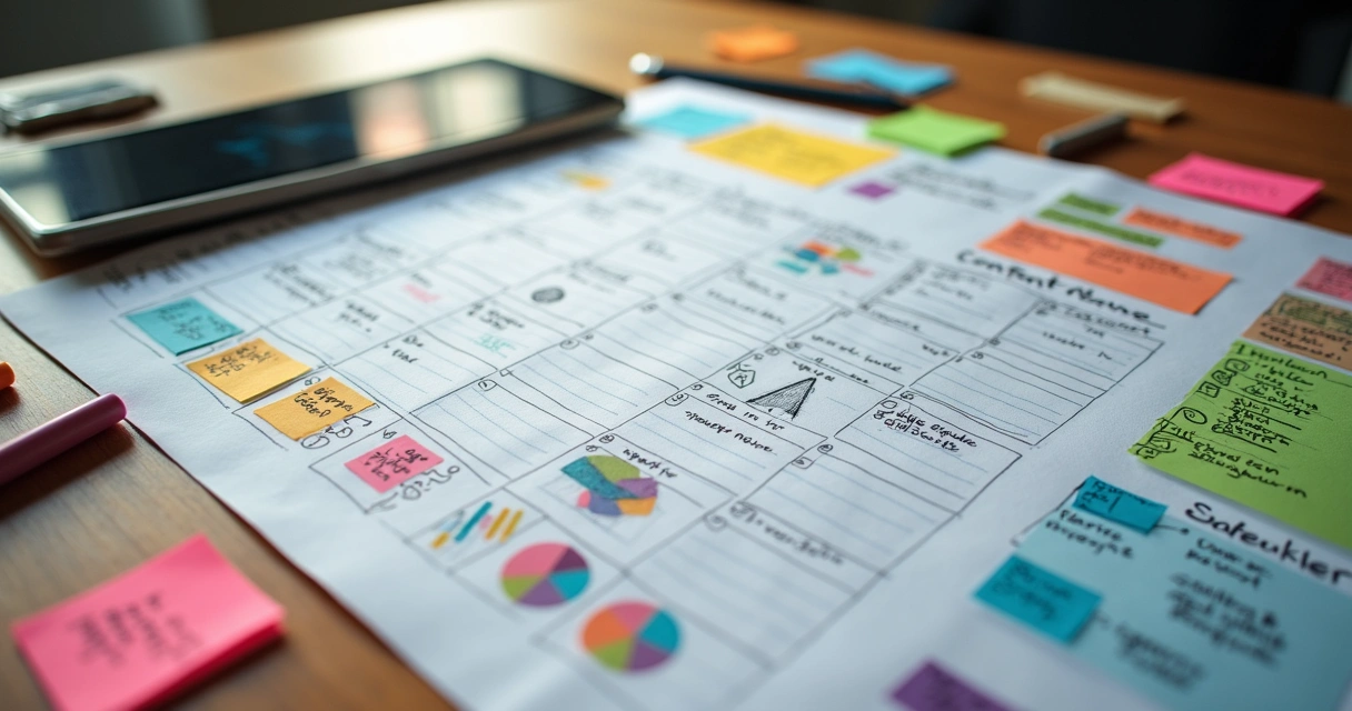 Calendário de produção de conteúdo em mesa com papéis e ideias rabiscadas 