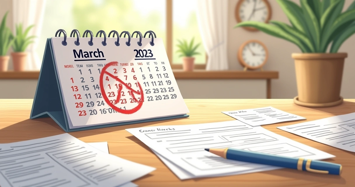 Ilustração de um calendário com março e abril de 2025 e documentos fiscais organizados em uma mesa de madeira.