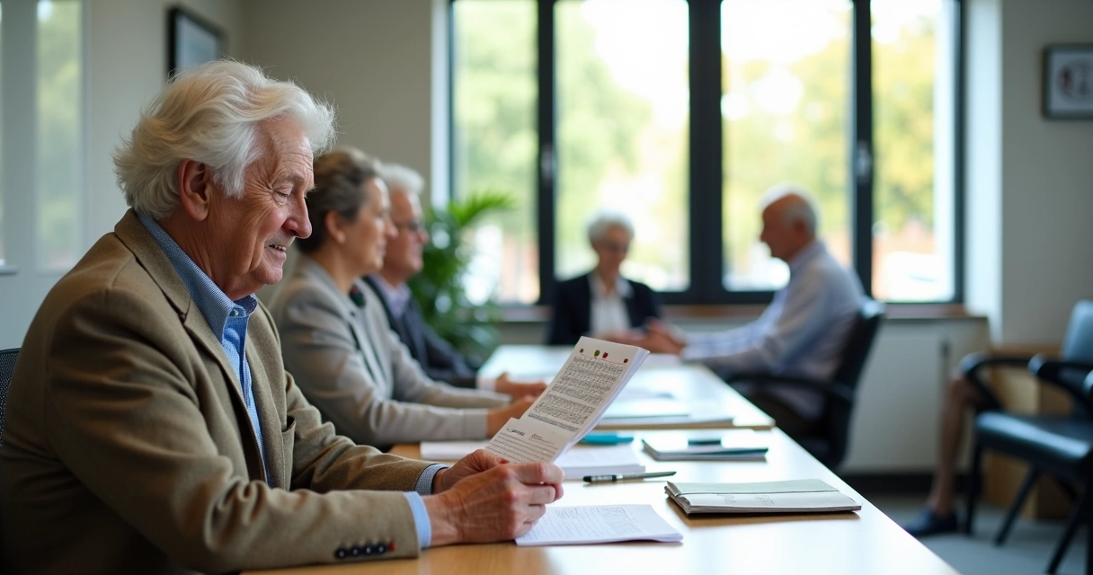 Pessoa idosa verificando calendário de pagamentos na agência bancária 