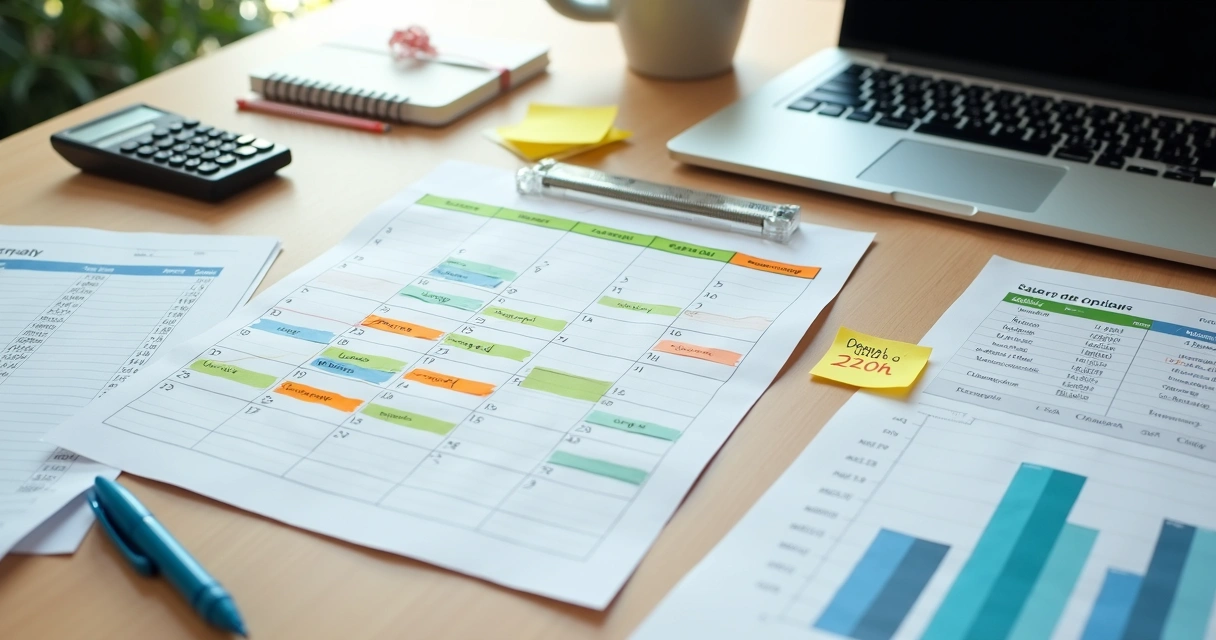 Calendário mensal com gráficos de horas extras organizadas em mesa de trabalho 