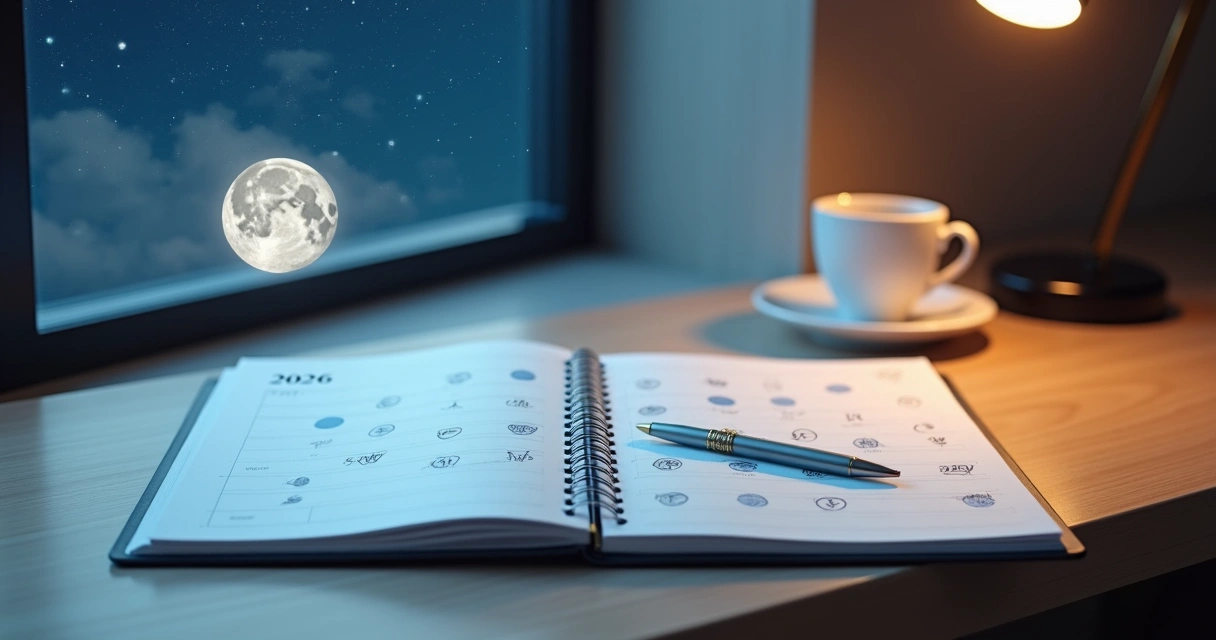 Calendário de 2026 com fases da Lua destacadas sobre fundo de céu estrelado 