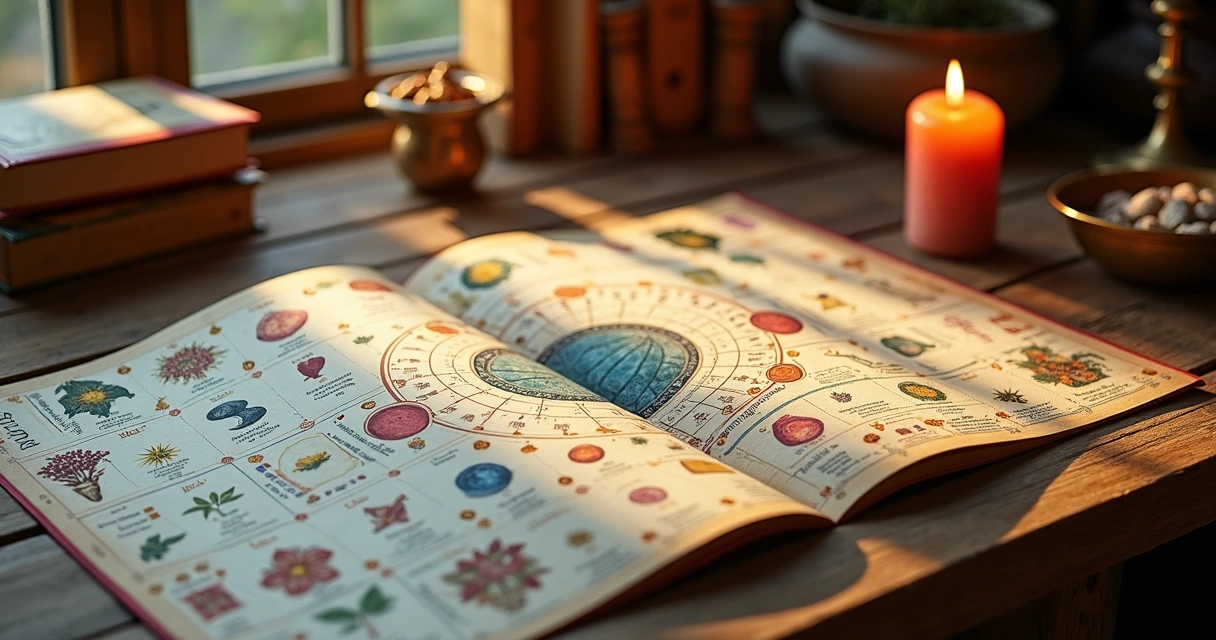 Calendário mágico detalhado com fases da lua e símbolos esotéricos 