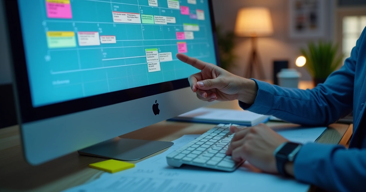 Tela de computador com calendário digital colorido mostrando prazos de manutenção e contratos 