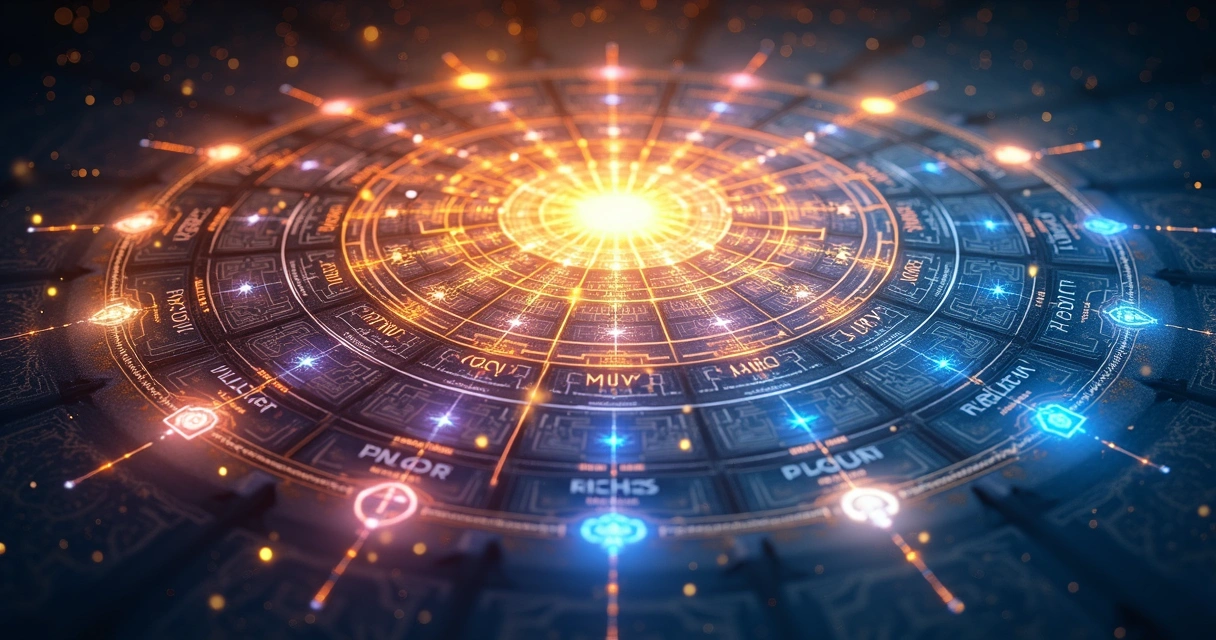 Calendário anual ilustrado com cores, luzes e símbolos esotéricos dividindo os meses do ano 