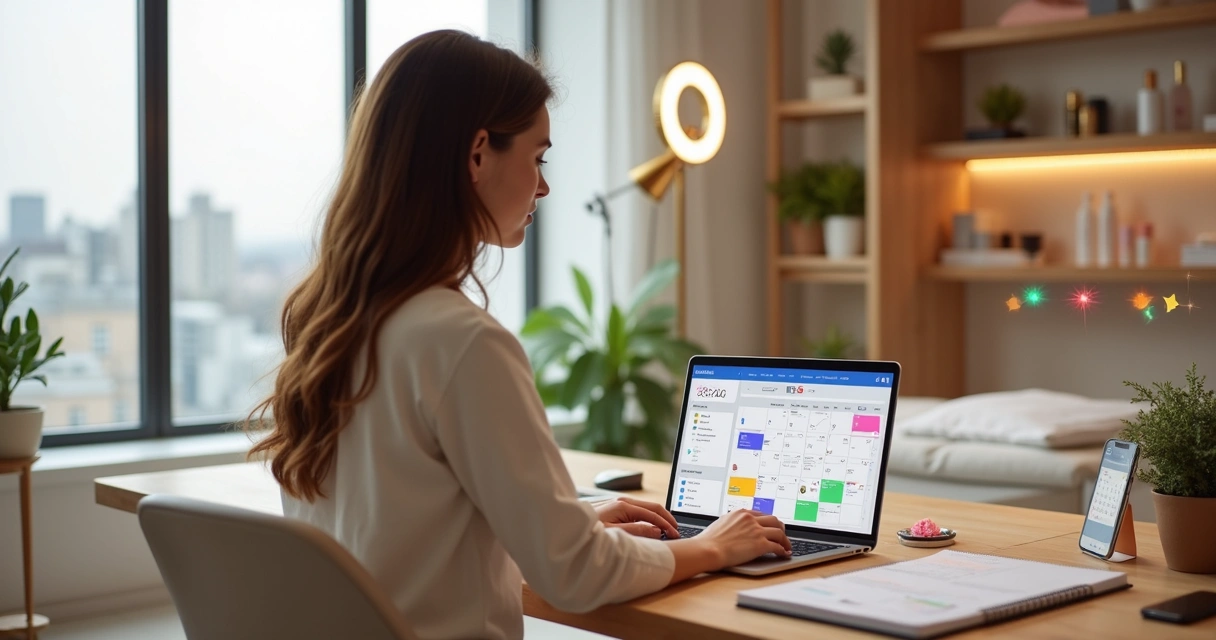 Esteticista planejando calendário de marketing de beleza 2026 com laptop e agenda 