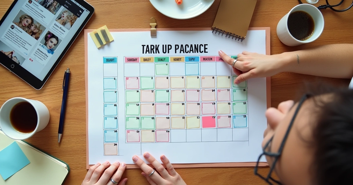 Calendário de conteúdo digital para salão de beleza em uma mesa com anotações