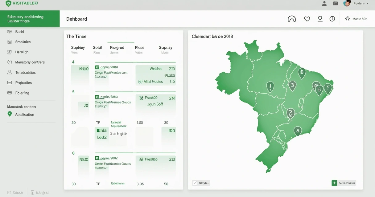 Painel digital de calendário com marcações de treinamentos normativos e mapa do Brasil ao fundo 
