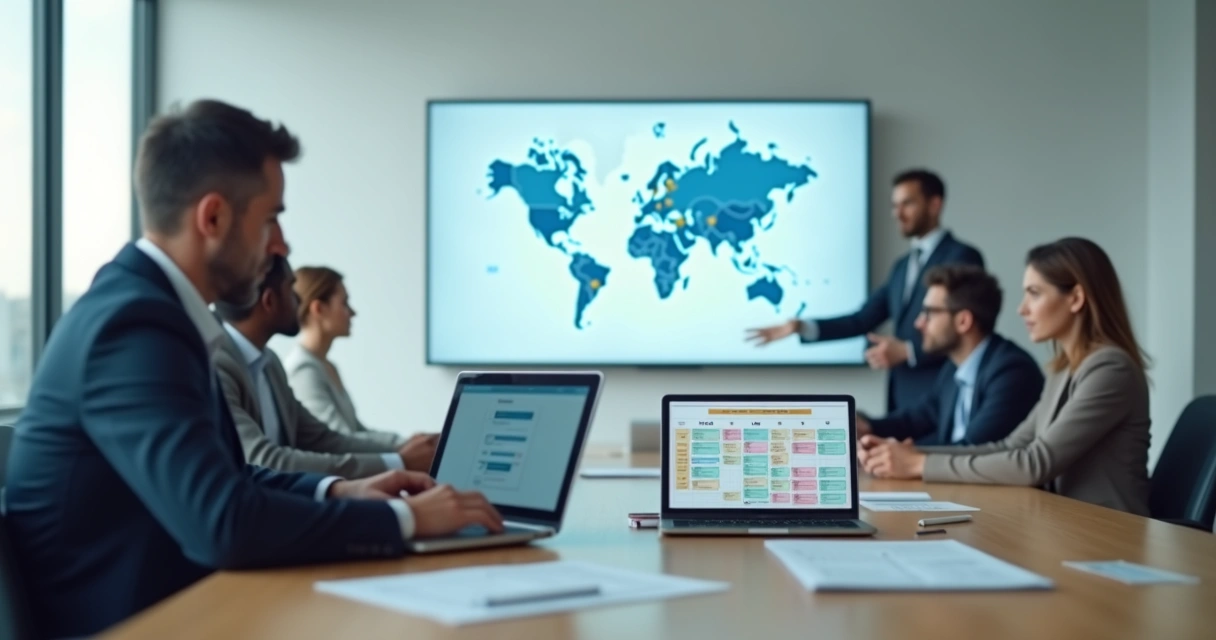 Gestor analisando calendário nacional de treinamentos em mapa do Brasil em escritório corporativo 