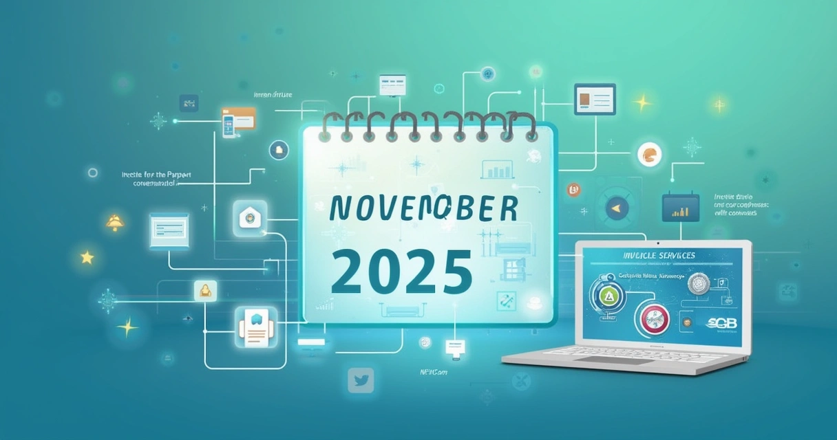 Ilustração de um calendário digital com a data 1º de novembro de 2025, símbolos de NFCom e serviços de tecnologia.