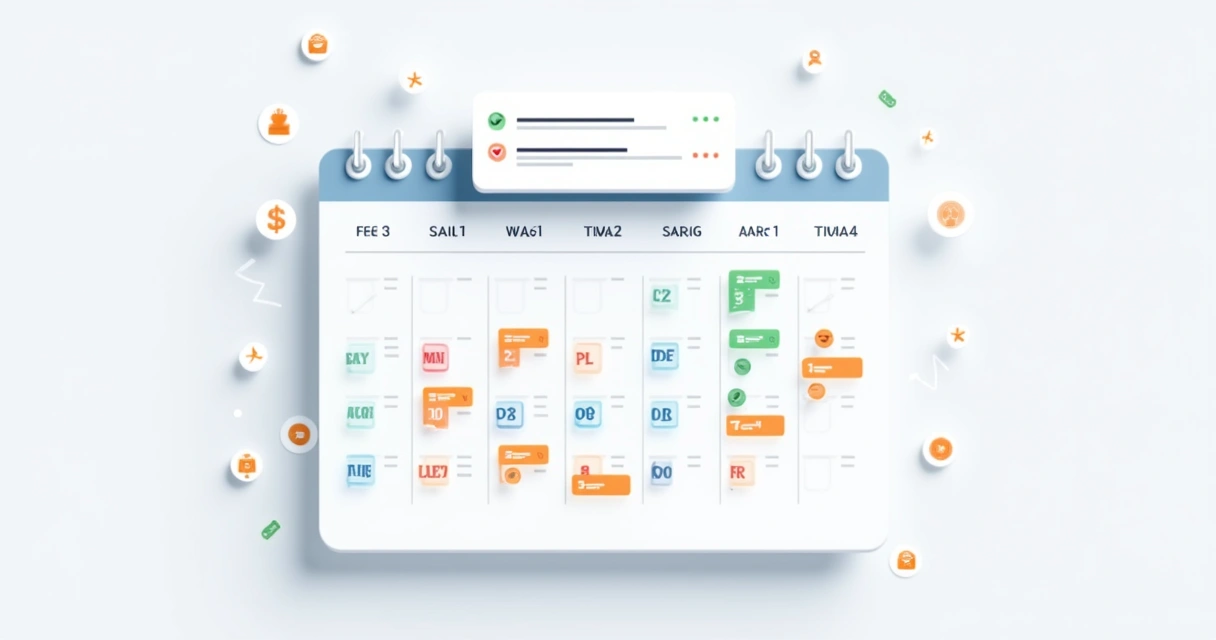 Calendário digital mostrando eventos financeiros e notificações 