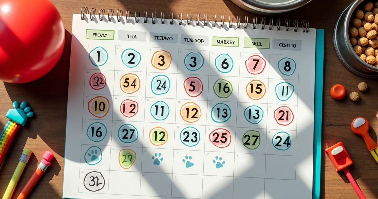 Calendário com números destacados, bola de pet, patas desenhadas 