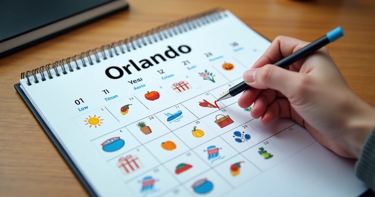 Calendário com ícones mostrando temporadas baixas e altas em Orlando 