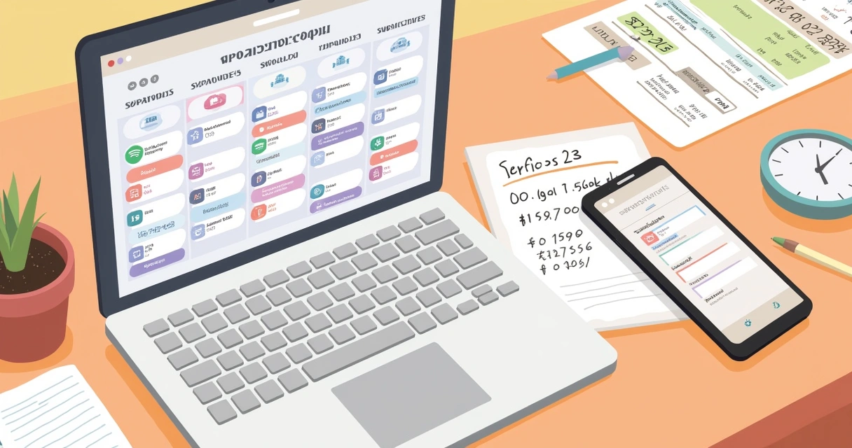 Escritorio organizado com calendário digital, lista de serviços e data de pagamento, smartphone com lembrete.